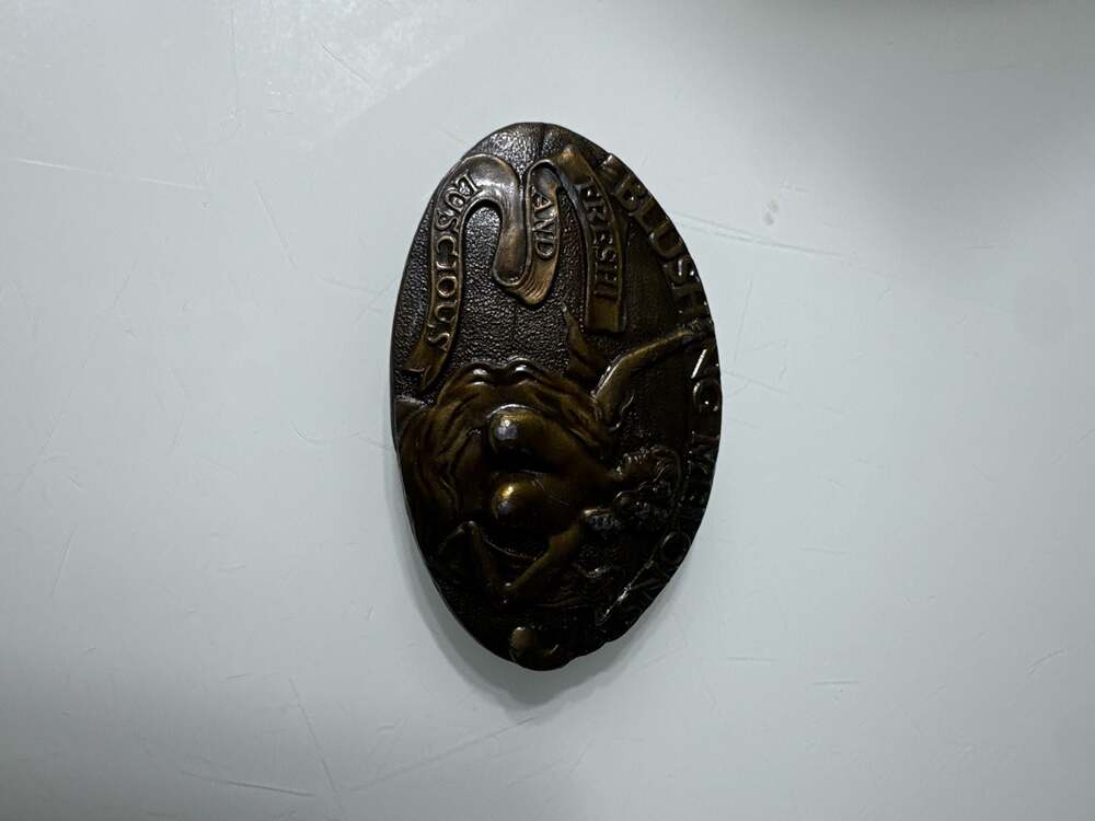 Vintage 1977 Capt. Ha Blushing Melons Brass Belt Buckle with Hidden Compartment